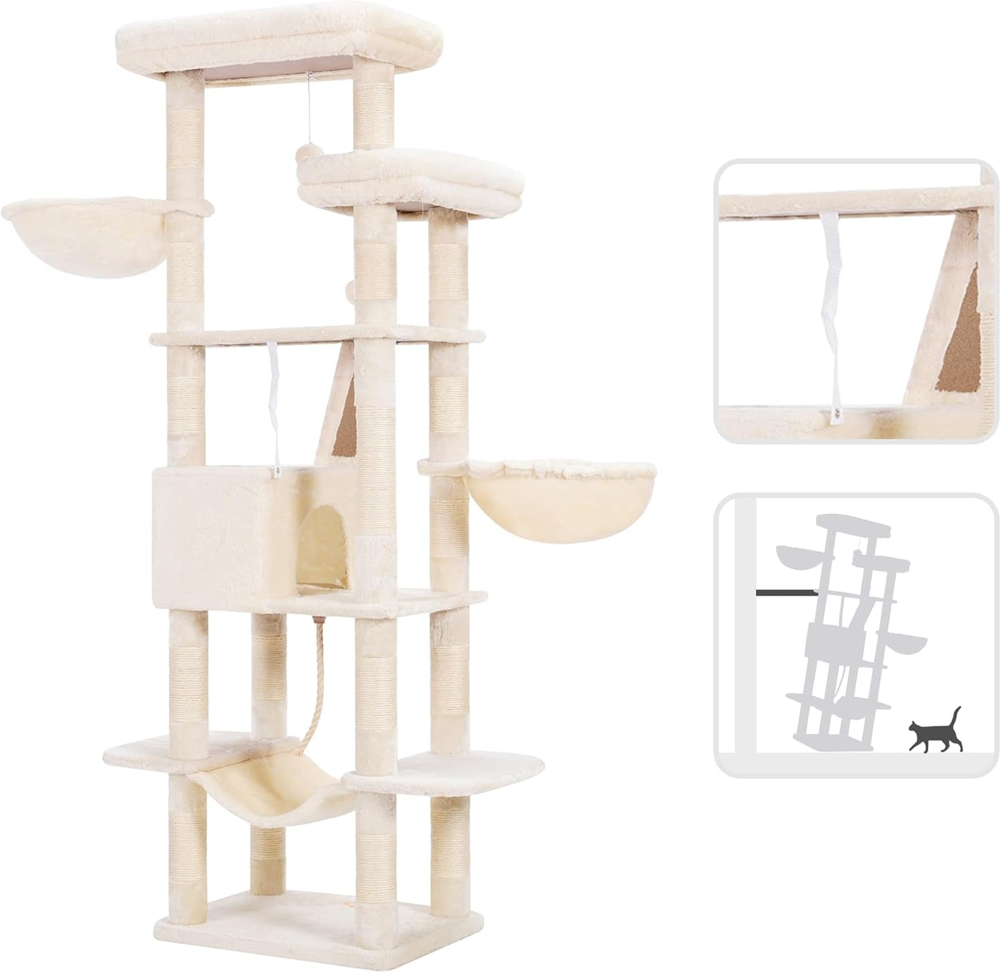 Cat Tree, 71-Inch Tall Tower for Indoor Cats with 2 Perches, 2 Big Condos, 2 Hammocks, Basket, Scratching Pad, Large Cat Furniture and Condo, Green HCT034GR