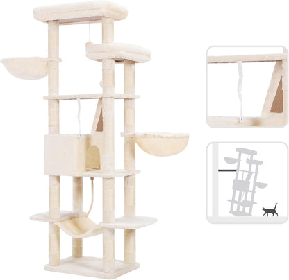 Cat Tree, 71-Inch Tall Tower for Indoor Cats with 2 Perches, 2 Big Condos, 2 Hammocks, Basket, Scratching Pad, Large Cat Furniture and Condo, Green HCT034GR