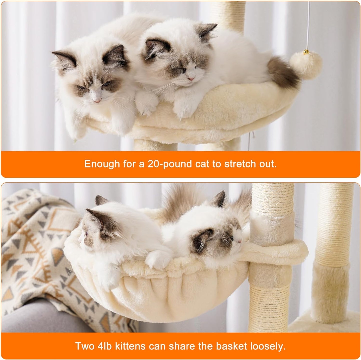Cat Tree, 71-Inch Tall Tower for Indoor Cats with 2 Perches, 2 Big Condos, 2 Hammocks, Basket, Scratching Pad, Large Cat Furniture and Condo, Green HCT034GR