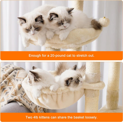 Cat Tree, 71-Inch Tall Tower for Indoor Cats with 2 Perches, 2 Big Condos, 2 Hammocks, Basket, Scratching Pad, Large Cat Furniture and Condo, Green HCT034GR