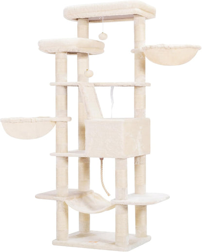 Cat Tree, 71-Inch Tall Tower for Indoor Cats with 2 Perches, 2 Big Condos, 2 Hammocks, Basket, Scratching Pad, Large Cat Furniture and Condo, Green HCT034GR