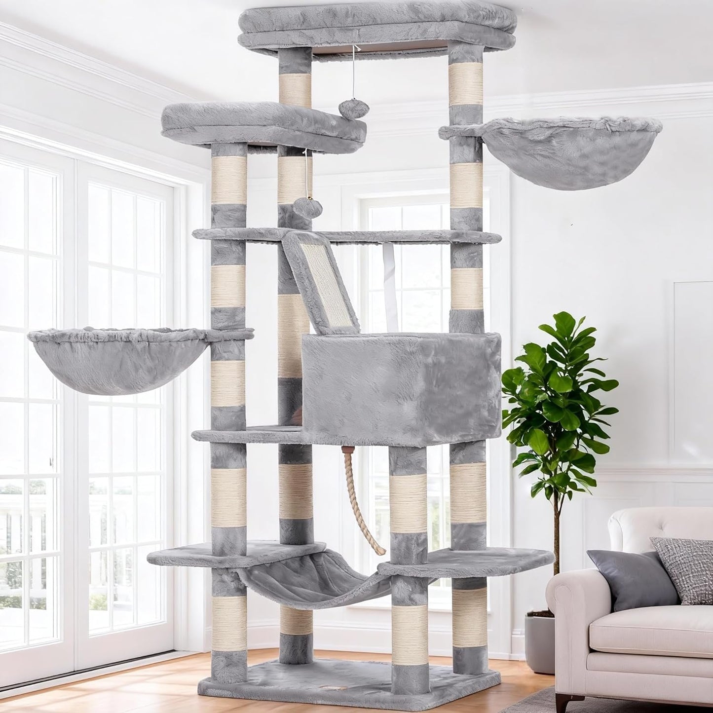 Cat Tree, 71-Inch Tall Tower for Indoor Cats with 2 Perches, 2 Big Condos, 2 Hammocks, Basket, Scratching Pad, Large Cat Furniture and Condo, Green HCT034GR