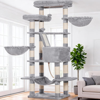 Cat Tree, 71-Inch Tall Tower for Indoor Cats with 2 Perches, 2 Big Condos, 2 Hammocks, Basket, Scratching Pad, Large Cat Furniture and Condo, Green HCT034GR