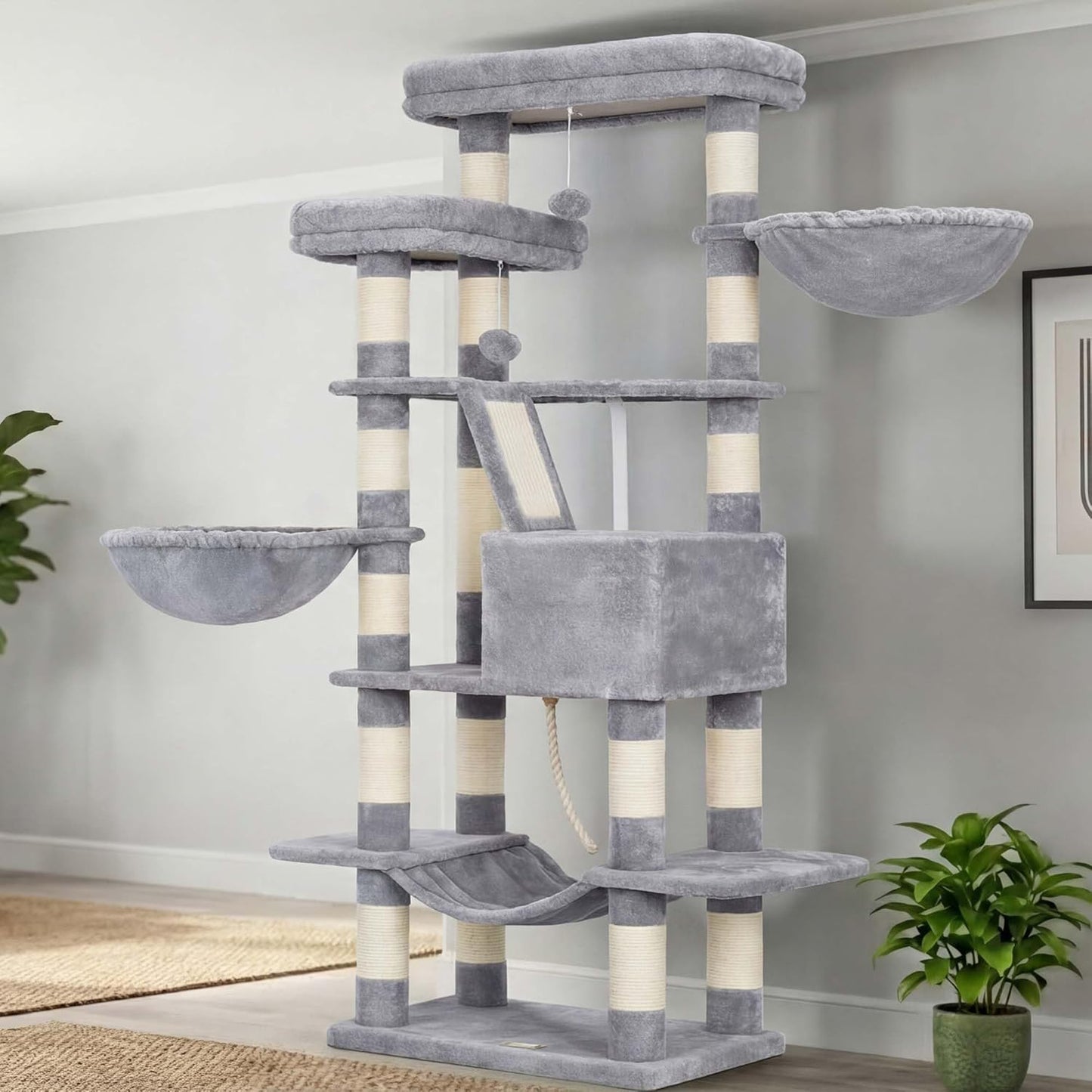 Cat Tree, 71-Inch Tall Tower for Indoor Cats with 2 Perches, 2 Big Condos, 2 Hammocks, Basket, Scratching Pad, Large Cat Furniture and Condo, Green HCT034GR