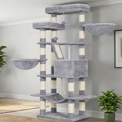 Cat Tree, 71-Inch Tall Tower for Indoor Cats with 2 Perches, 2 Big Condos, 2 Hammocks, Basket, Scratching Pad, Large Cat Furniture and Condo, Green HCT034GR