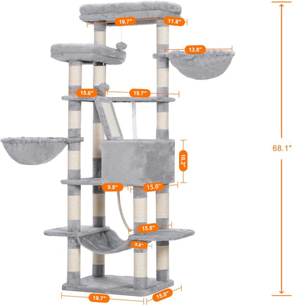 Cat Tree, 71-Inch Tall Tower for Indoor Cats with 2 Perches, 2 Big Condos, 2 Hammocks, Basket, Scratching Pad, Large Cat Furniture and Condo, Green HCT034GR