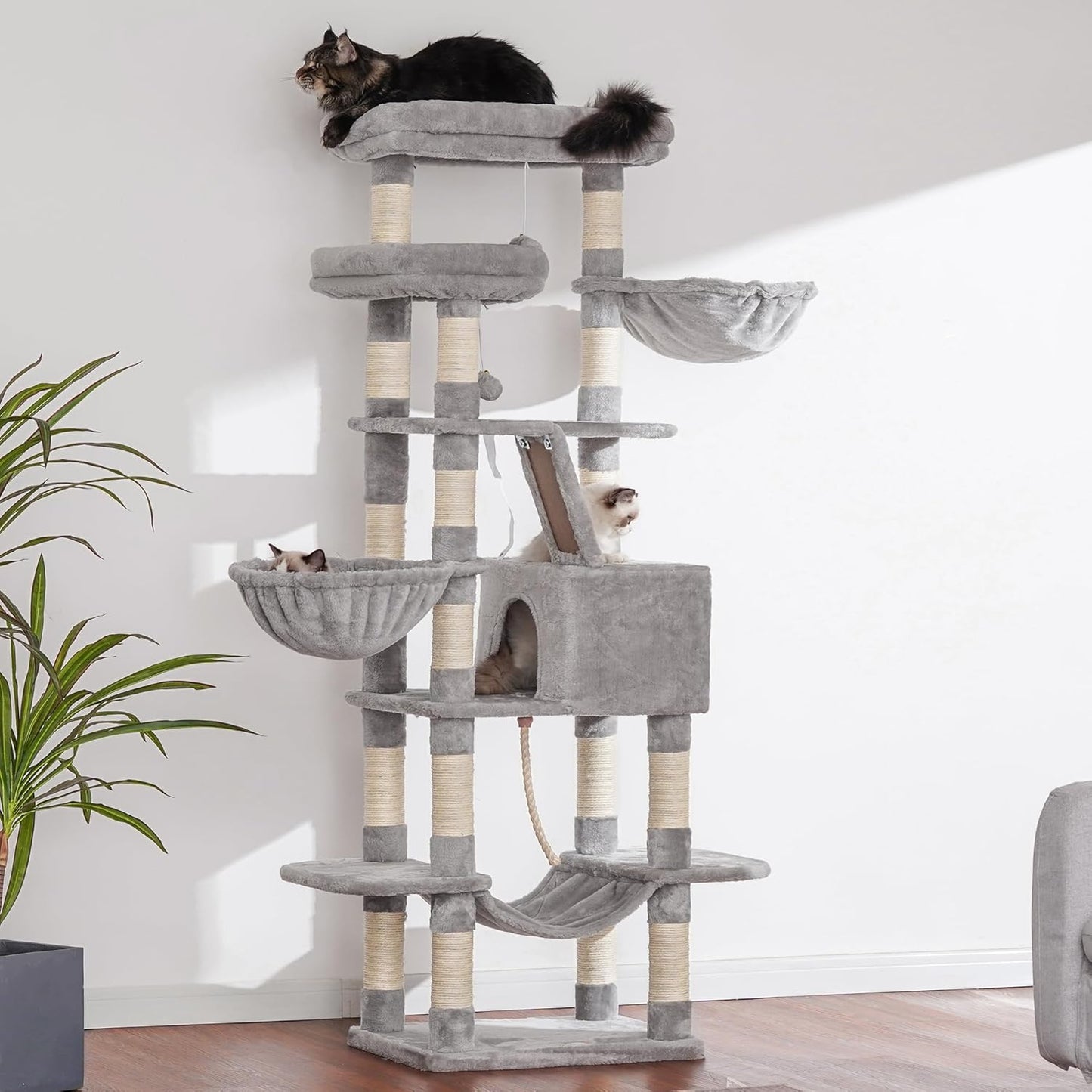 Cat Tree, 71-Inch Tall Tower for Indoor Cats with 2 Perches, 2 Big Condos, 2 Hammocks, Basket, Scratching Pad, Large Cat Furniture and Condo, Green HCT034GR