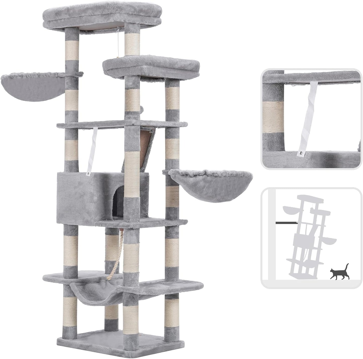Cat Tree, 71-Inch Tall Tower for Indoor Cats with 2 Perches, 2 Big Condos, 2 Hammocks, Basket, Scratching Pad, Large Cat Furniture and Condo, Green HCT034GR