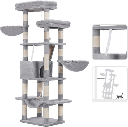 Cat Tree, 71-Inch Tall Tower for Indoor Cats with 2 Perches, 2 Big Condos, 2 Hammocks, Basket, Scratching Pad, Large Cat Furniture and Condo, Green HCT034GR