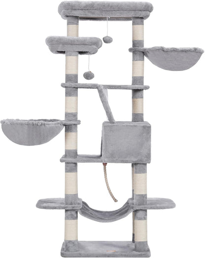 Cat Tree, 71-Inch Tall Tower for Indoor Cats with 2 Perches, 2 Big Condos, 2 Hammocks, Basket, Scratching Pad, Large Cat Furniture and Condo, Green HCT034GR