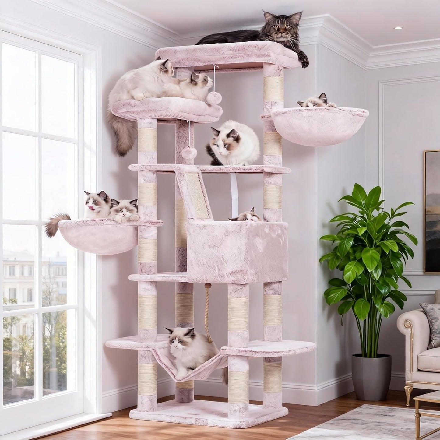 Cat Tree, 71-Inch Tall Tower for Indoor Cats with 2 Perches, 2 Big Condos, 2 Hammocks, Basket, Scratching Pad, Large Cat Furniture and Condo, Green HCT034GR
