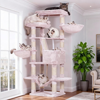 Cat Tree, 71-Inch Tall Tower for Indoor Cats with 2 Perches, 2 Big Condos, 2 Hammocks, Basket, Scratching Pad, Large Cat Furniture and Condo, Green HCT034GR