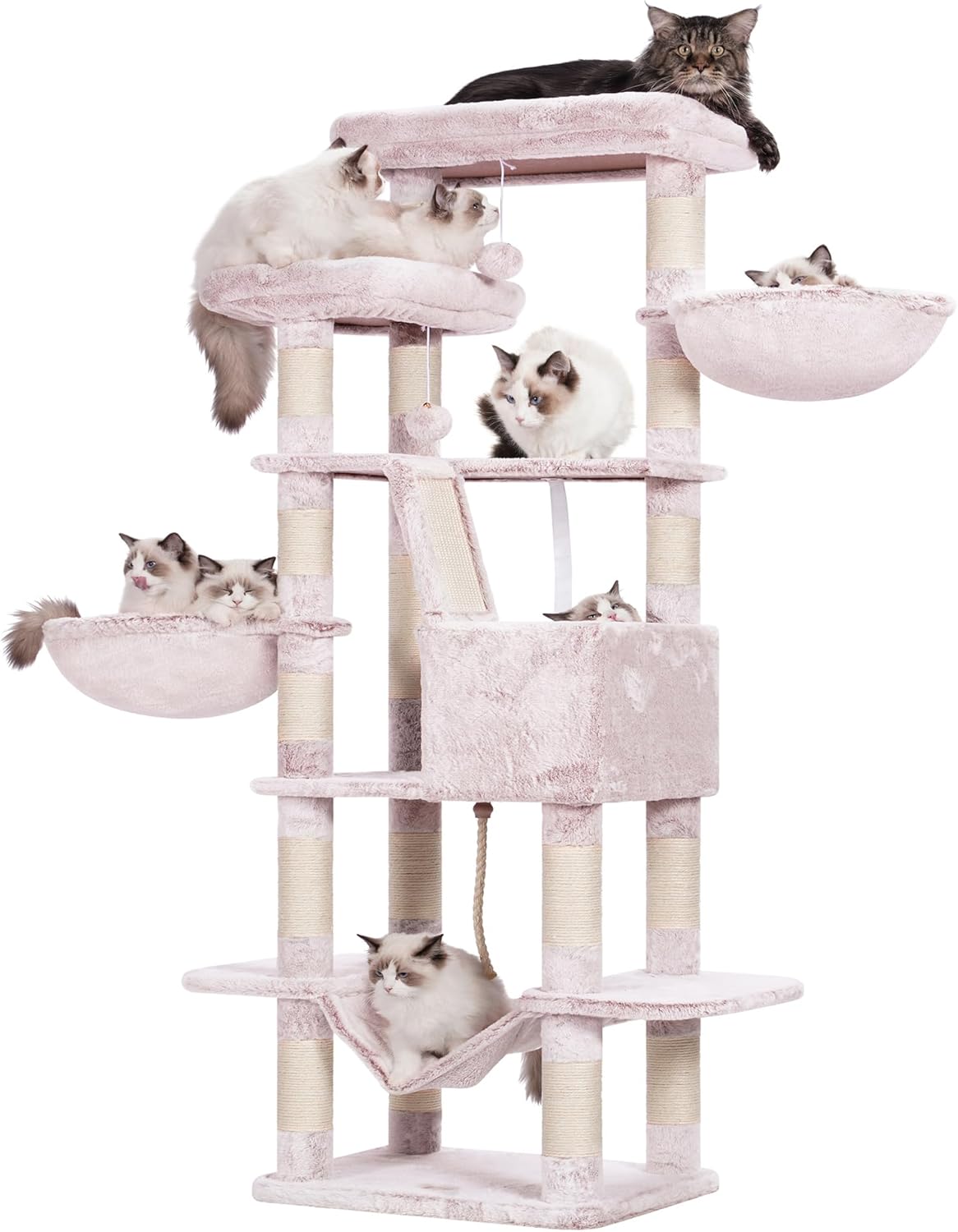 Cat Tree, 71-Inch Tall Tower for Indoor Cats with 2 Perches, 2 Big Condos, 2 Hammocks, Basket, Scratching Pad, Large Cat Furniture and Condo, Green HCT034GR