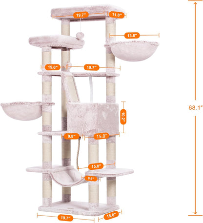 Cat Tree, 71-Inch Tall Tower for Indoor Cats with 2 Perches, 2 Big Condos, 2 Hammocks, Basket, Scratching Pad, Large Cat Furniture and Condo, Green HCT034GR