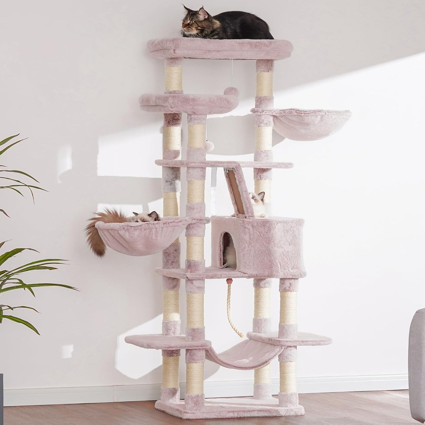 Cat Tree, 71-Inch Tall Tower for Indoor Cats with 2 Perches, 2 Big Condos, 2 Hammocks, Basket, Scratching Pad, Large Cat Furniture and Condo, Green HCT034GR