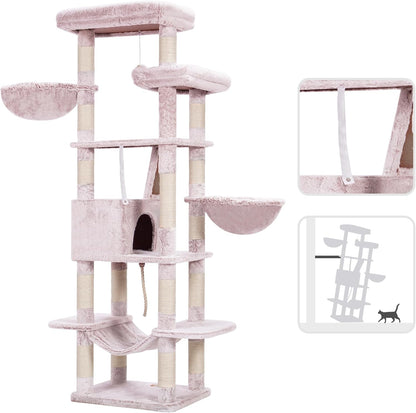 Cat Tree, 71-Inch Tall Tower for Indoor Cats with 2 Perches, 2 Big Condos, 2 Hammocks, Basket, Scratching Pad, Large Cat Furniture and Condo, Green HCT034GR