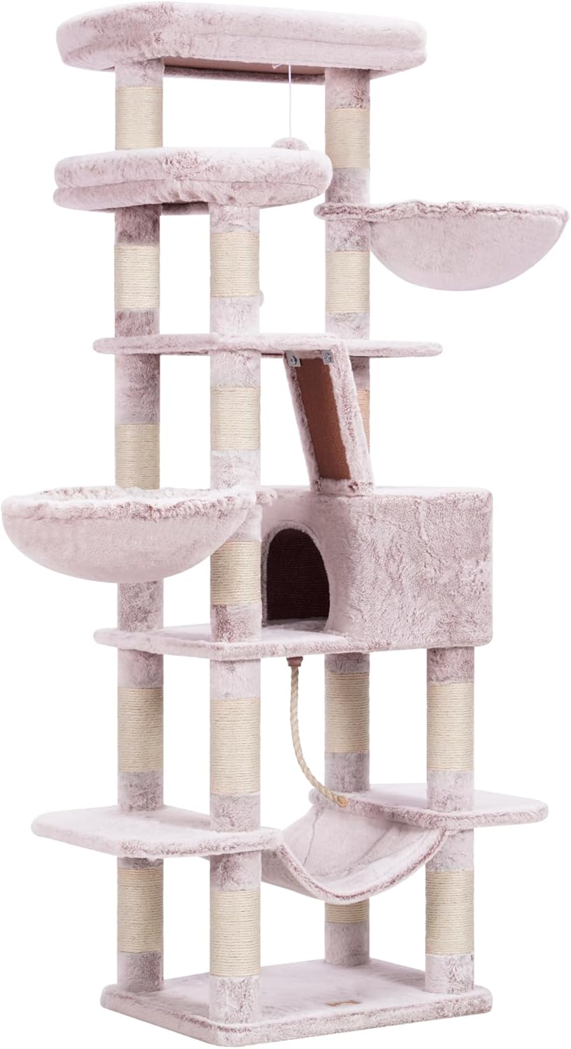 Cat Tree, 71-Inch Tall Tower for Indoor Cats with 2 Perches, 2 Big Condos, 2 Hammocks, Basket, Scratching Pad, Large Cat Furniture and Condo, Green HCT034GR