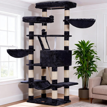 Cat Tree, 71-Inch Tall Tower for Indoor Cats with 2 Perches, 2 Big Condos, 2 Hammocks, Basket, Scratching Pad, Large Cat Furniture and Condo, Green HCT034GR
