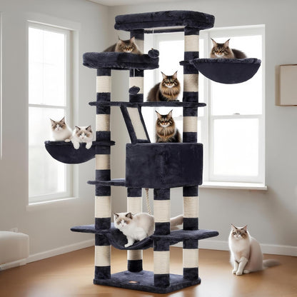 Cat Tree, 71-Inch Tall Tower for Indoor Cats with 2 Perches, 2 Big Condos, 2 Hammocks, Basket, Scratching Pad, Large Cat Furniture and Condo, Green HCT034GR