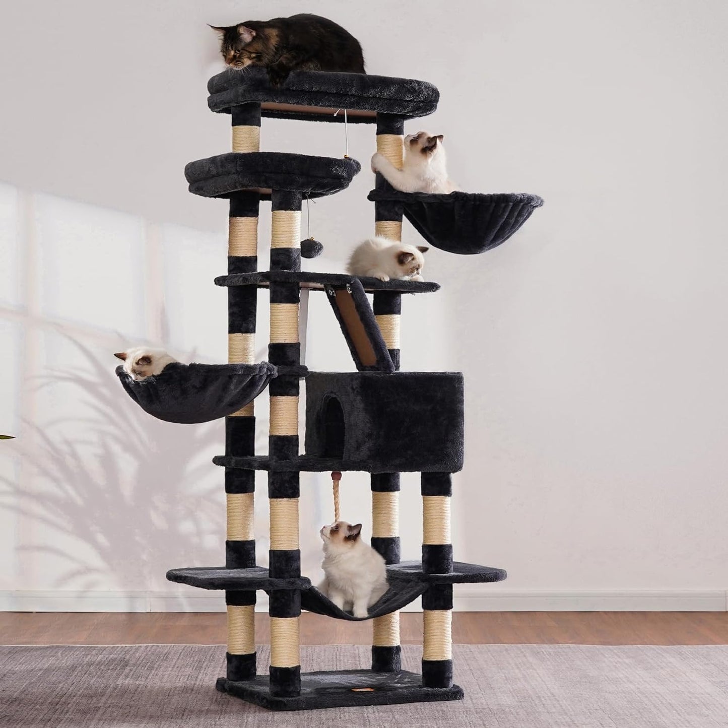 Cat Tree, 71-Inch Tall Tower for Indoor Cats with 2 Perches, 2 Big Condos, 2 Hammocks, Basket, Scratching Pad, Large Cat Furniture and Condo, Green HCT034GR