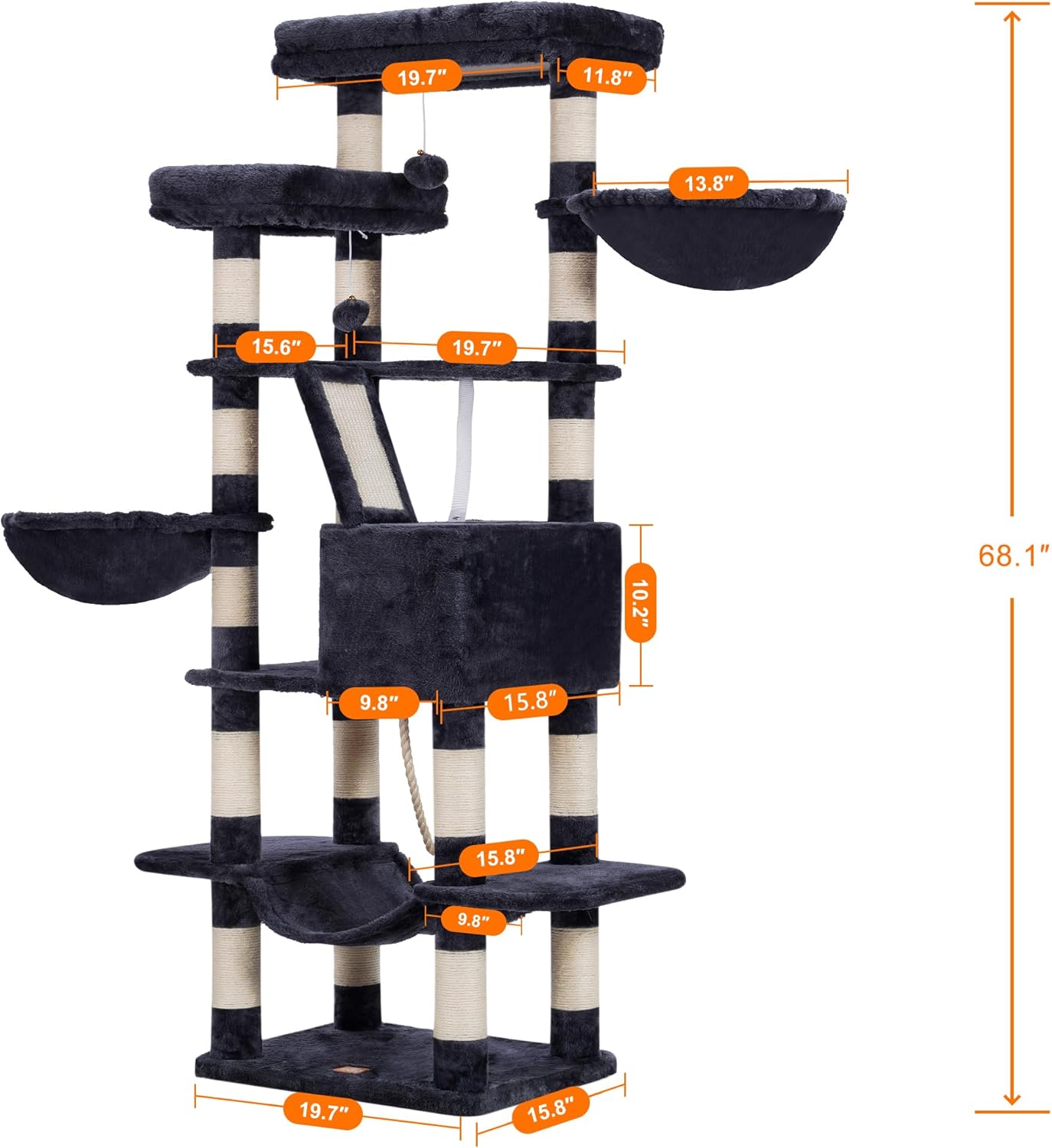 Cat Tree, 71-Inch Tall Tower for Indoor Cats with 2 Perches, 2 Big Condos, 2 Hammocks, Basket, Scratching Pad, Large Cat Furniture and Condo, Green HCT034GR