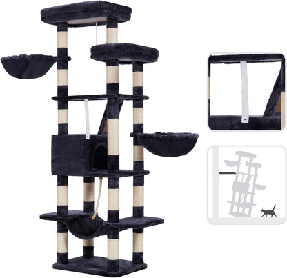 Cat Tree, 71-Inch Tall Tower for Indoor Cats with 2 Perches, 2 Big Condos, 2 Hammocks, Basket, Scratching Pad, Large Cat Furniture and Condo, Green HCT034GR