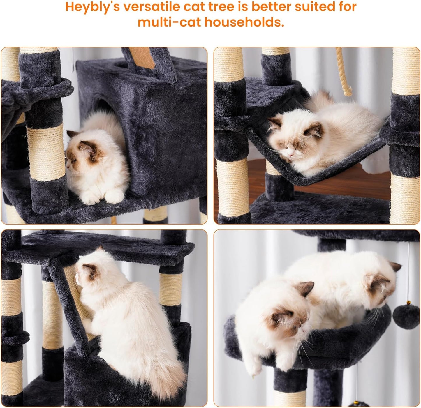 Cat Tree, 71-Inch Tall Tower for Indoor Cats with 2 Perches, 2 Big Condos, 2 Hammocks, Basket, Scratching Pad, Large Cat Furniture and Condo, Green HCT034GR