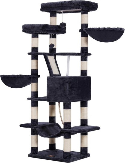 Cat Tree, 71-Inch Tall Tower for Indoor Cats with 2 Perches, 2 Big Condos, 2 Hammocks, Basket, Scratching Pad, Large Cat Furniture and Condo, Green HCT034GR