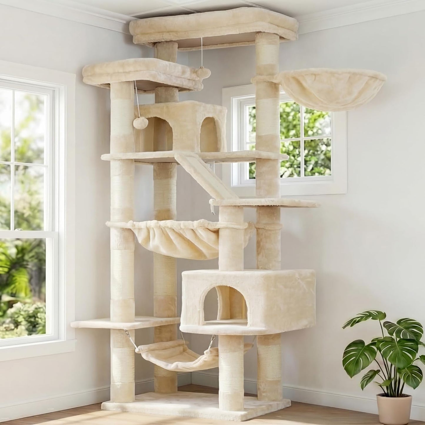 Cat Tree, 71-Inch Tall Tower for Indoor Cats with 2 Perches, 2 Big Condos, 2 Hammocks, Basket, Scratching Pad, Large Cat Furniture and Condo, Green HCT034GR