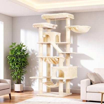 Cat Tree, 71-Inch Tall Tower for Indoor Cats with 2 Perches, 2 Big Condos, 2 Hammocks, Basket, Scratching Pad, Large Cat Furniture and Condo, Green HCT034GR