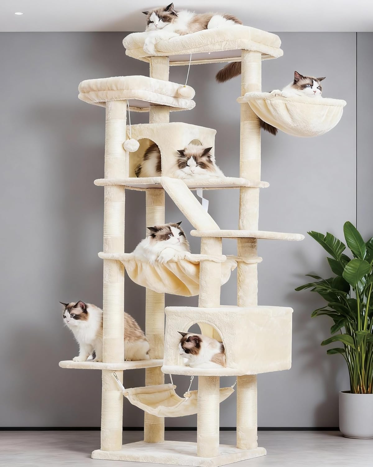 Cat Tree, 71-Inch Tall Tower for Indoor Cats with 2 Perches, 2 Big Condos, 2 Hammocks, Basket, Scratching Pad, Large Cat Furniture and Condo, Green HCT034GR