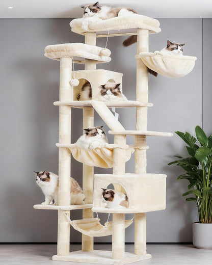 Cat Tree, 71-Inch Tall Tower for Indoor Cats with 2 Perches, 2 Big Condos, 2 Hammocks, Basket, Scratching Pad, Large Cat Furniture and Condo, Green HCT034GR