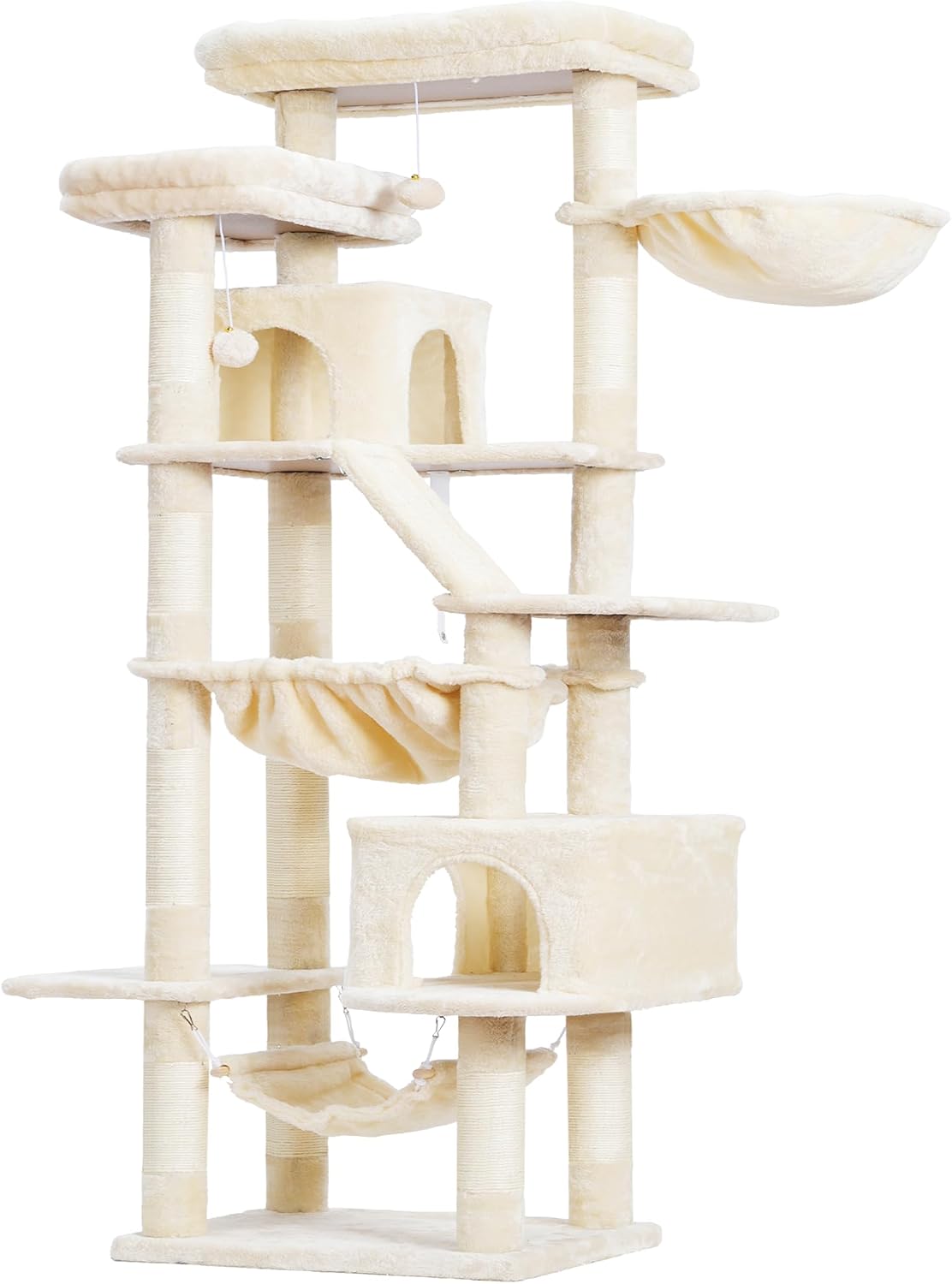 Cat Tree, 71-Inch Tall Tower for Indoor Cats with 2 Perches, 2 Big Condos, 2 Hammocks, Basket, Scratching Pad, Large Cat Furniture and Condo, Green HCT034GR