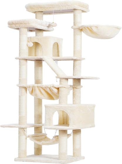 Cat Tree, 71-Inch Tall Tower for Indoor Cats with 2 Perches, 2 Big Condos, 2 Hammocks, Basket, Scratching Pad, Large Cat Furniture and Condo, Green HCT034GR