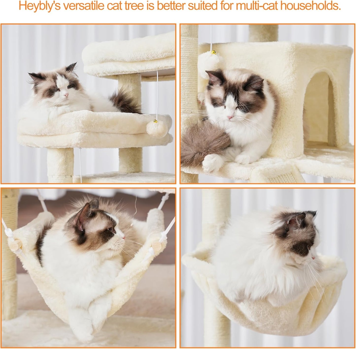 Cat Tree, 71-Inch Tall Tower for Indoor Cats with 2 Perches, 2 Big Condos, 2 Hammocks, Basket, Scratching Pad, Large Cat Furniture and Condo, Green HCT034GR
