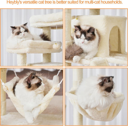 Cat Tree, 71-Inch Tall Tower for Indoor Cats with 2 Perches, 2 Big Condos, 2 Hammocks, Basket, Scratching Pad, Large Cat Furniture and Condo, Green HCT034GR