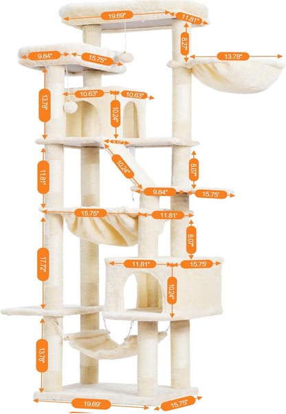Cat Tree, 71-Inch Tall Tower for Indoor Cats with 2 Perches, 2 Big Condos, 2 Hammocks, Basket, Scratching Pad, Large Cat Furniture and Condo, Green HCT034GR