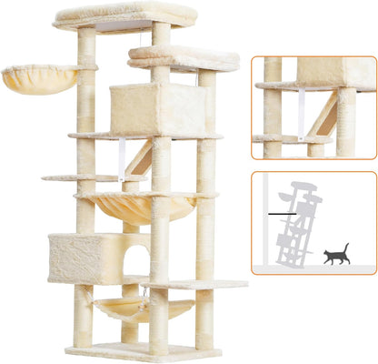 Cat Tree, 71-Inch Tall Tower for Indoor Cats with 2 Perches, 2 Big Condos, 2 Hammocks, Basket, Scratching Pad, Large Cat Furniture and Condo, Green HCT034GR