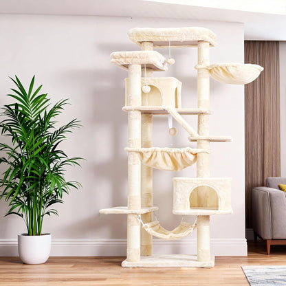 Cat Tree, 71-Inch Tall Tower for Indoor Cats with 2 Perches, 2 Big Condos, 2 Hammocks, Basket, Scratching Pad, Large Cat Furniture and Condo, Green HCT034GR