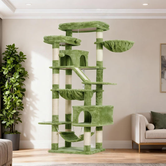 Cat Tree, 71-Inch Tall Tower for Indoor Cats with 2 Perches, 2 Big Condos, 2 Hammocks, Basket, Scratching Pad, Large Cat Furniture and Condo, Green HCT034GR