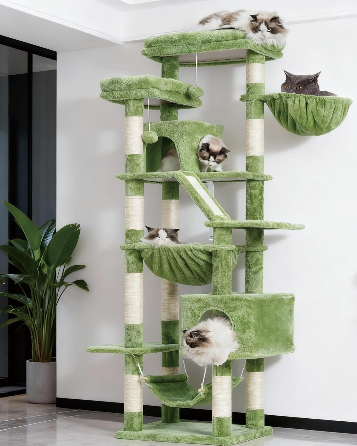 Cat Tree, 71-Inch Tall Tower for Indoor Cats with 2 Perches, 2 Big Condos, 2 Hammocks, Basket, Scratching Pad, Large Cat Furniture and Condo, Green HCT034GR
