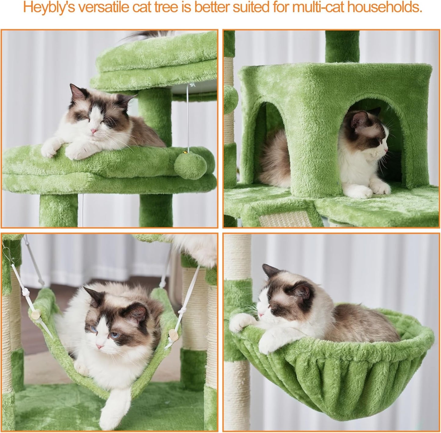 Cat Tree, 71-Inch Tall Tower for Indoor Cats with 2 Perches, 2 Big Condos, 2 Hammocks, Basket, Scratching Pad, Large Cat Furniture and Condo, Green HCT034GR