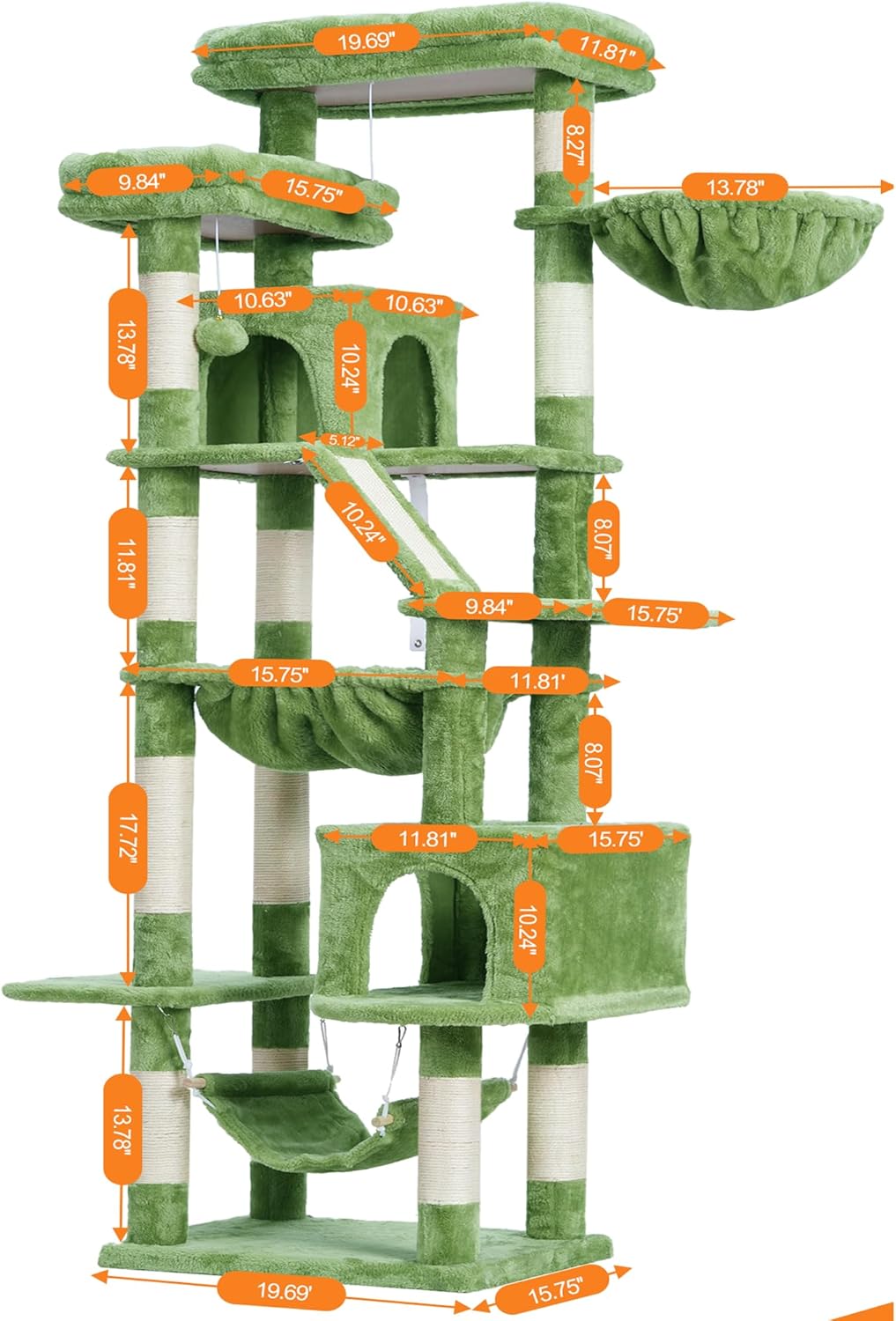 Cat Tree, 71-Inch Tall Tower for Indoor Cats with 2 Perches, 2 Big Condos, 2 Hammocks, Basket, Scratching Pad, Large Cat Furniture and Condo, Green HCT034GR