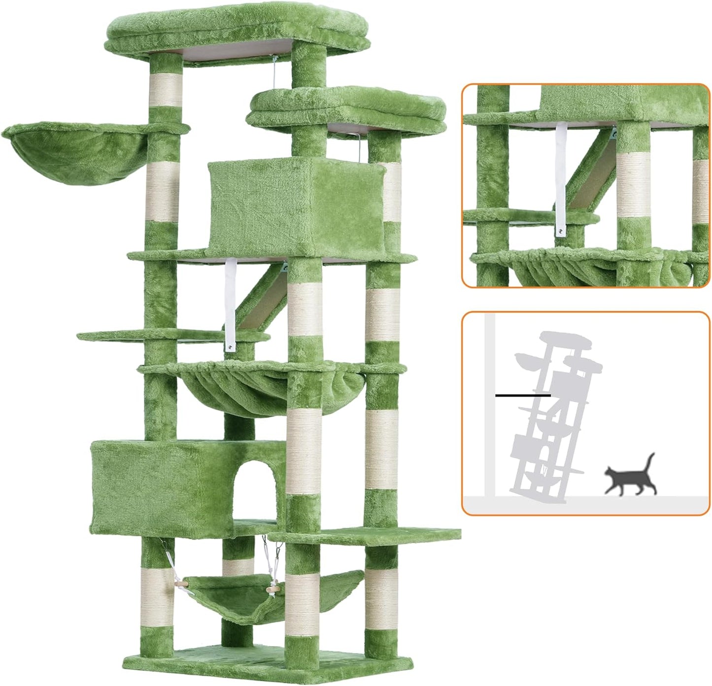 Cat Tree, 71-Inch Tall Tower for Indoor Cats with 2 Perches, 2 Big Condos, 2 Hammocks, Basket, Scratching Pad, Large Cat Furniture and Condo, Green HCT034GR
