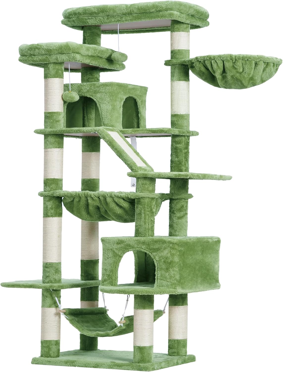 Cat Tree, 71-Inch Tall Tower for Indoor Cats with 2 Perches, 2 Big Condos, 2 Hammocks, Basket, Scratching Pad, Large Cat Furniture and Condo, Green HCT034GR