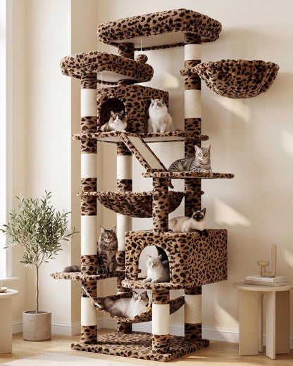 Cat Tree, 71-Inch Tall Tower for Indoor Cats with 2 Perches, 2 Big Condos, 2 Hammocks, Basket, Scratching Pad, Large Cat Furniture and Condo, Green HCT034GR
