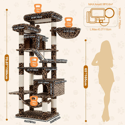 Cat Tree, 71-Inch Tall Tower for Indoor Cats with 2 Perches, 2 Big Condos, 2 Hammocks, Basket, Scratching Pad, Large Cat Furniture and Condo, Green HCT034GR