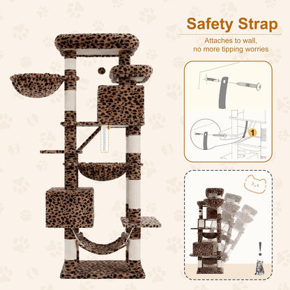 Cat Tree, 71-Inch Tall Tower for Indoor Cats with 2 Perches, 2 Big Condos, 2 Hammocks, Basket, Scratching Pad, Large Cat Furniture and Condo, Green HCT034GR