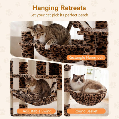 Cat Tree, 71-Inch Tall Tower for Indoor Cats with 2 Perches, 2 Big Condos, 2 Hammocks, Basket, Scratching Pad, Large Cat Furniture and Condo, Green HCT034GR