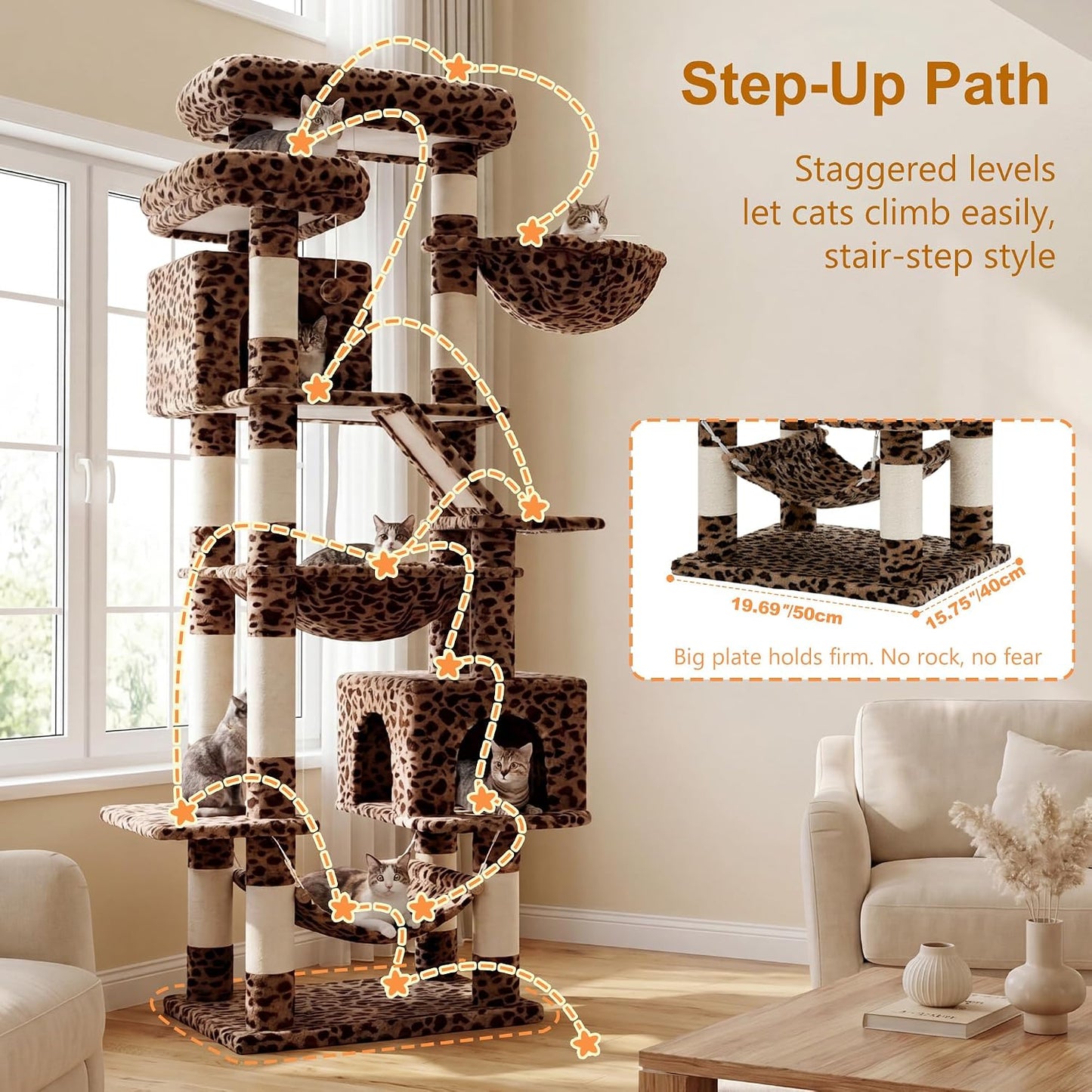 Cat Tree, 71-Inch Tall Tower for Indoor Cats with 2 Perches, 2 Big Condos, 2 Hammocks, Basket, Scratching Pad, Large Cat Furniture and Condo, Green HCT034GR